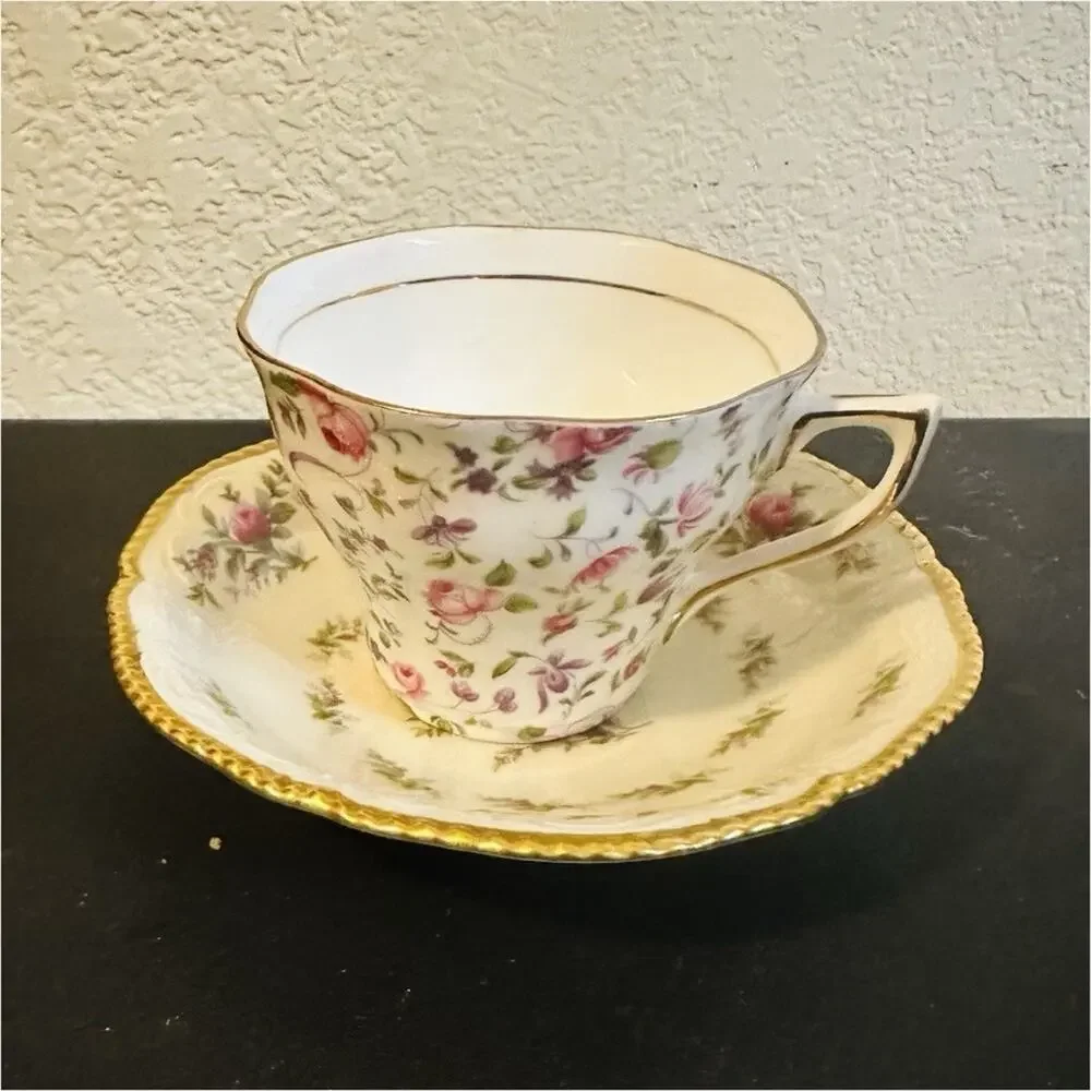 Rosina Bone China Floral Cup & Saucer Set Gold Trim Made in England